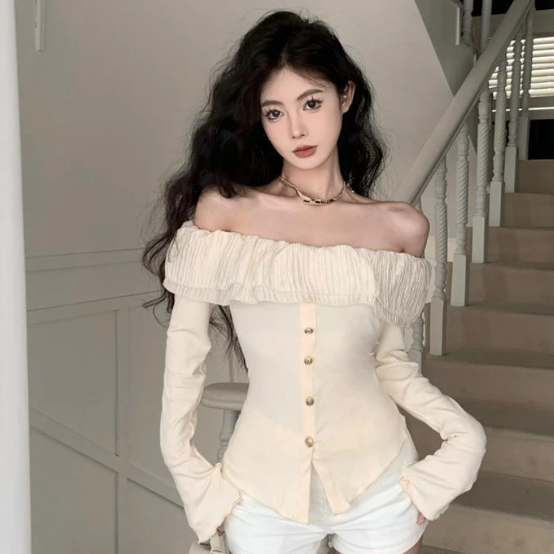 Slash Neck T-shirts for Women Off-shoulder Long Sleeve Tees Elegant French Style Feminine Sweet Ruffles Tops Chic Street Wear