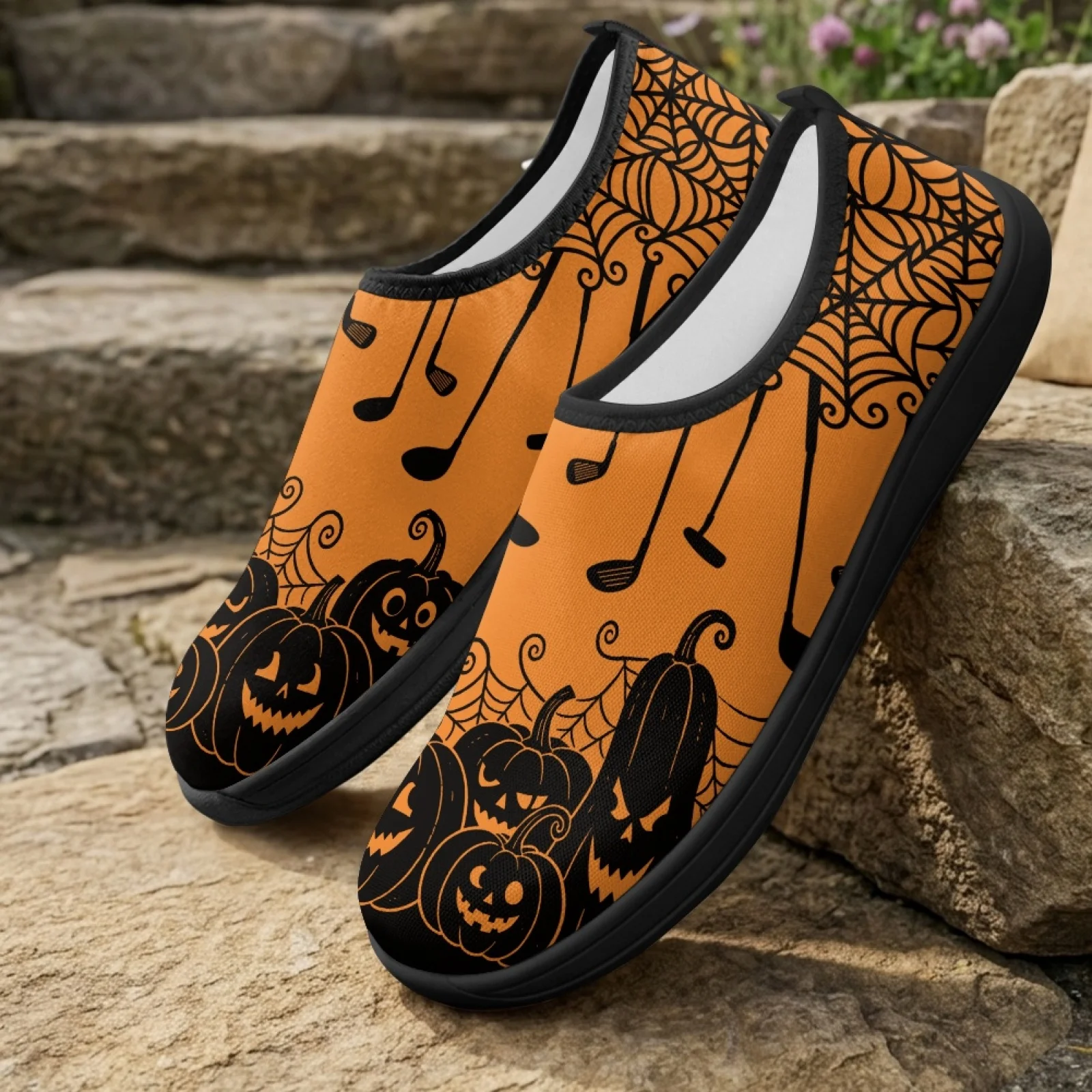 PENSTROLL Halloween Men's Walking Flats Featuring Pumpkin, Polyester EVA Wide Toe Box Shoes for Workout Gym and Daily Driving