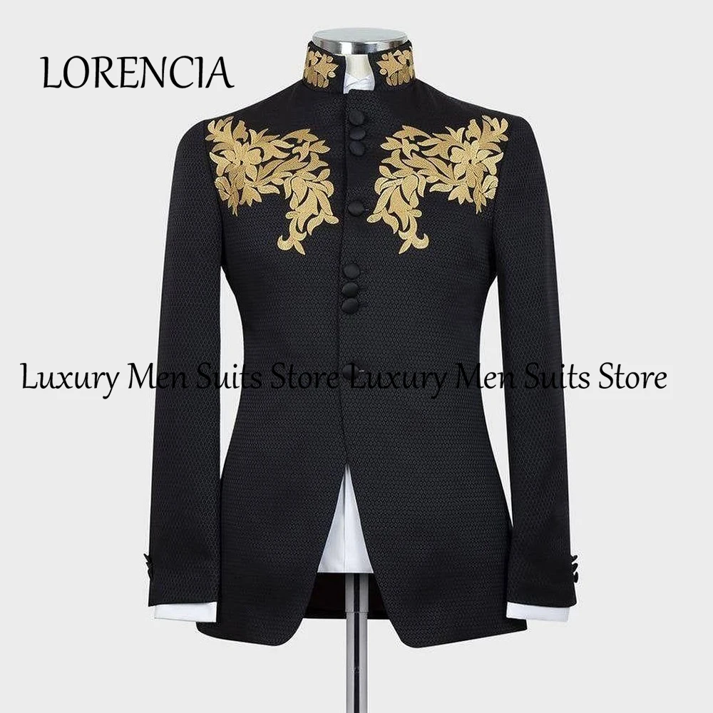 

Formal Golden Applique Men Suits 2 Pieces Single Breasted Wedding Party Gowns Customized Stand Collar Blazer zomerset heren
