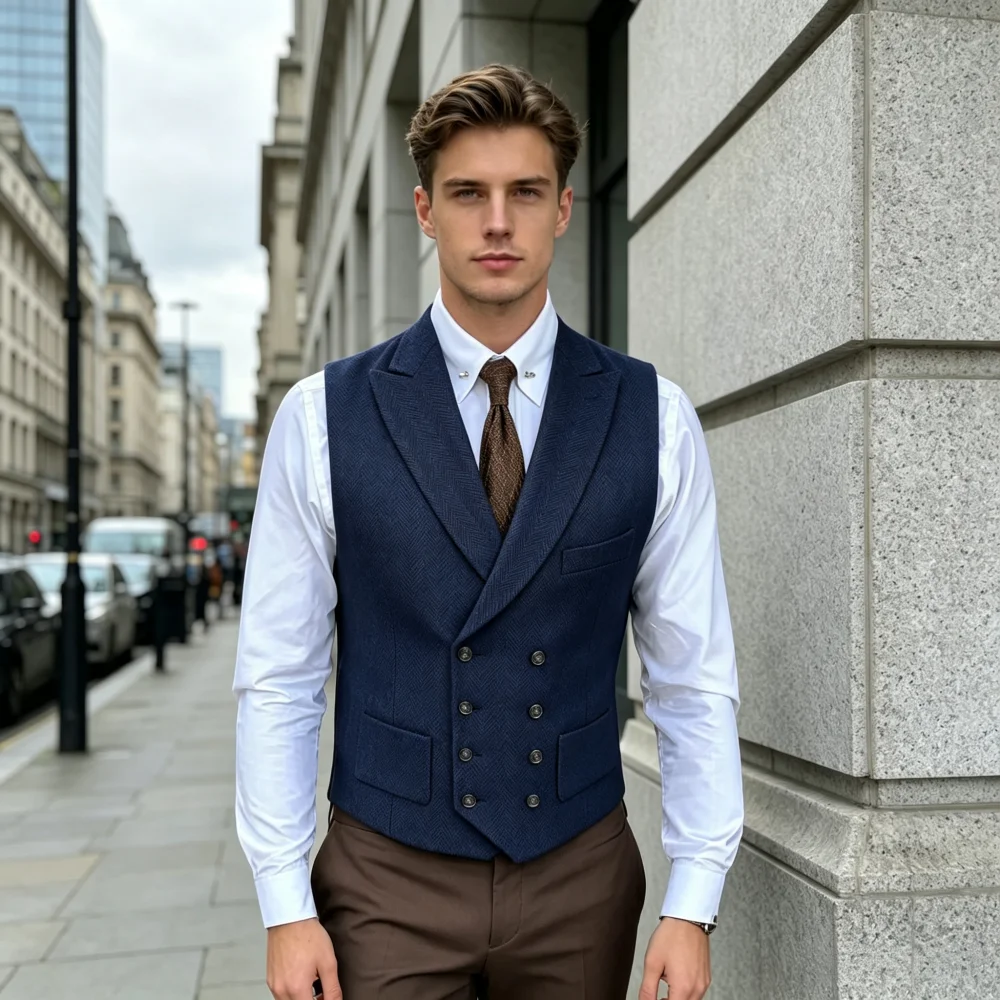 Men's Herringbone Tweed Vest Peak Lapel Double Breasted Formal Men's Business  Waistcoat For Groomsmen Wedding