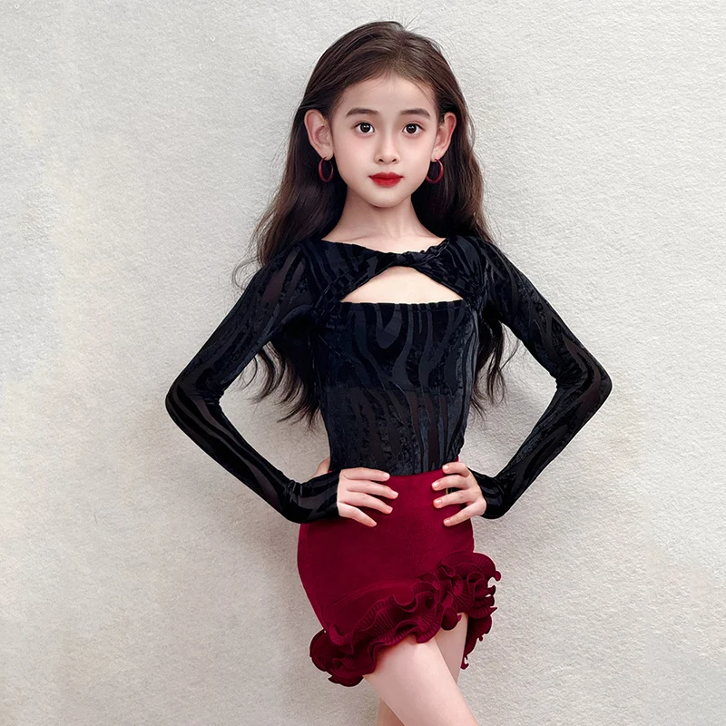 Strój do tańca latynoamerykańskiego dla dziewczynki na zimę 2025, odzież treningowa, długi rękaw, strój do występów, czarny body, czerwona spódnica, odzież do tańca latynoamerykańskiego 3074