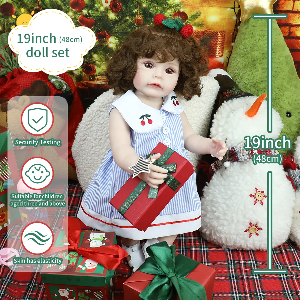 

19inch Reborn Baby Dolls Soft Silicone Vinyl Girl Body Waterproof Bath Toy with Rooted Hair for Girl Christmas Halloween Gifts