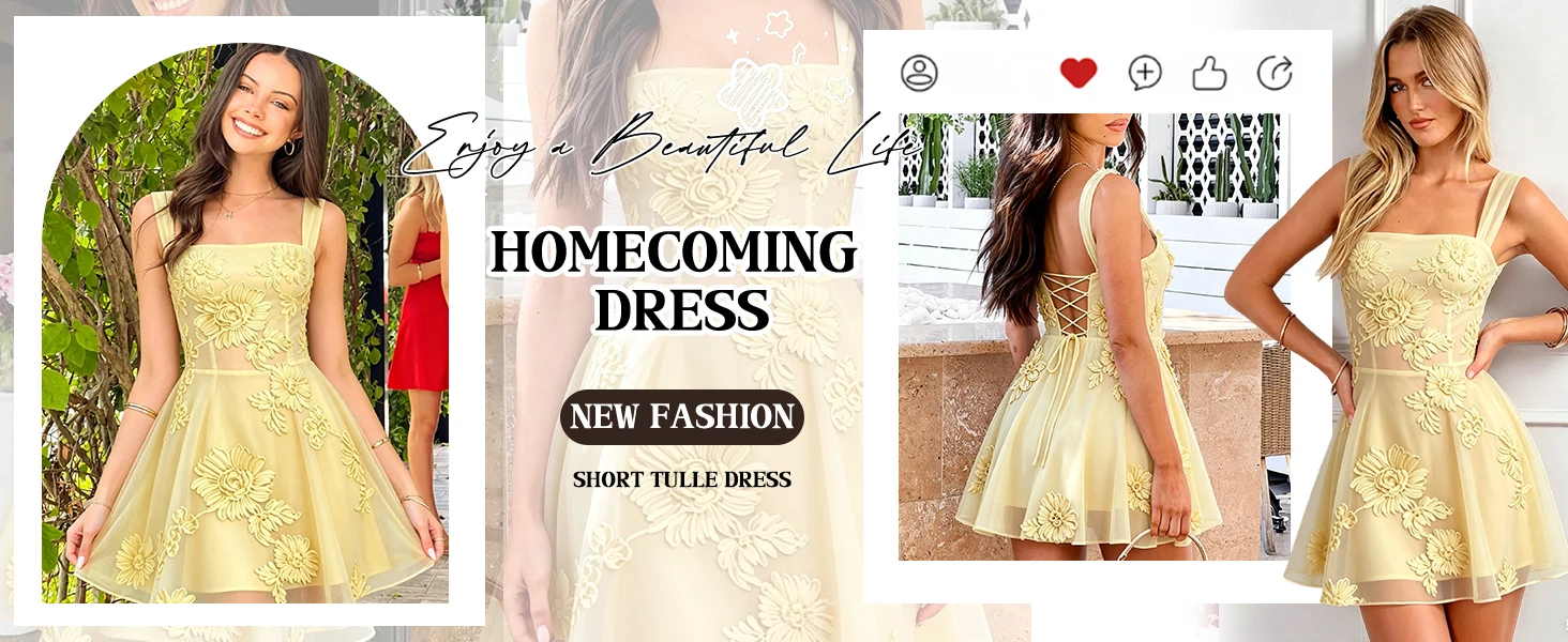 Floral Tulle Homecoming Dresses Short Embroidery Lace A-Line Mini Formal Graduation Cocktail Gown