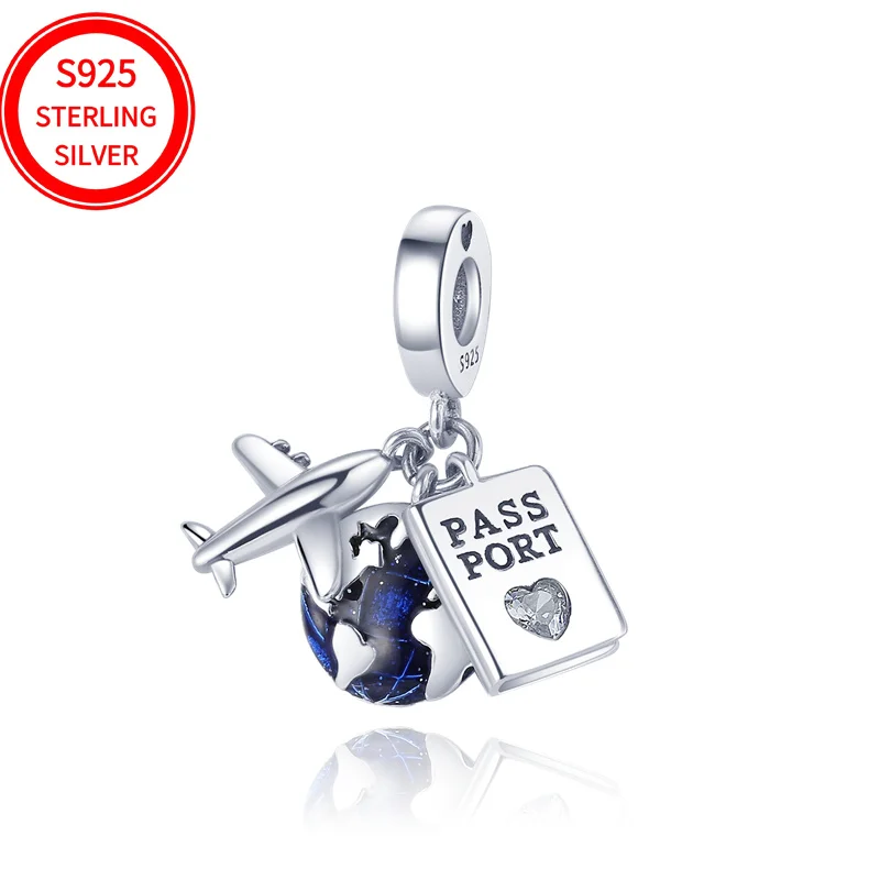 925 Silver Airplane Passport Earth, suitable for personalized jewelry chain design, as a gift women