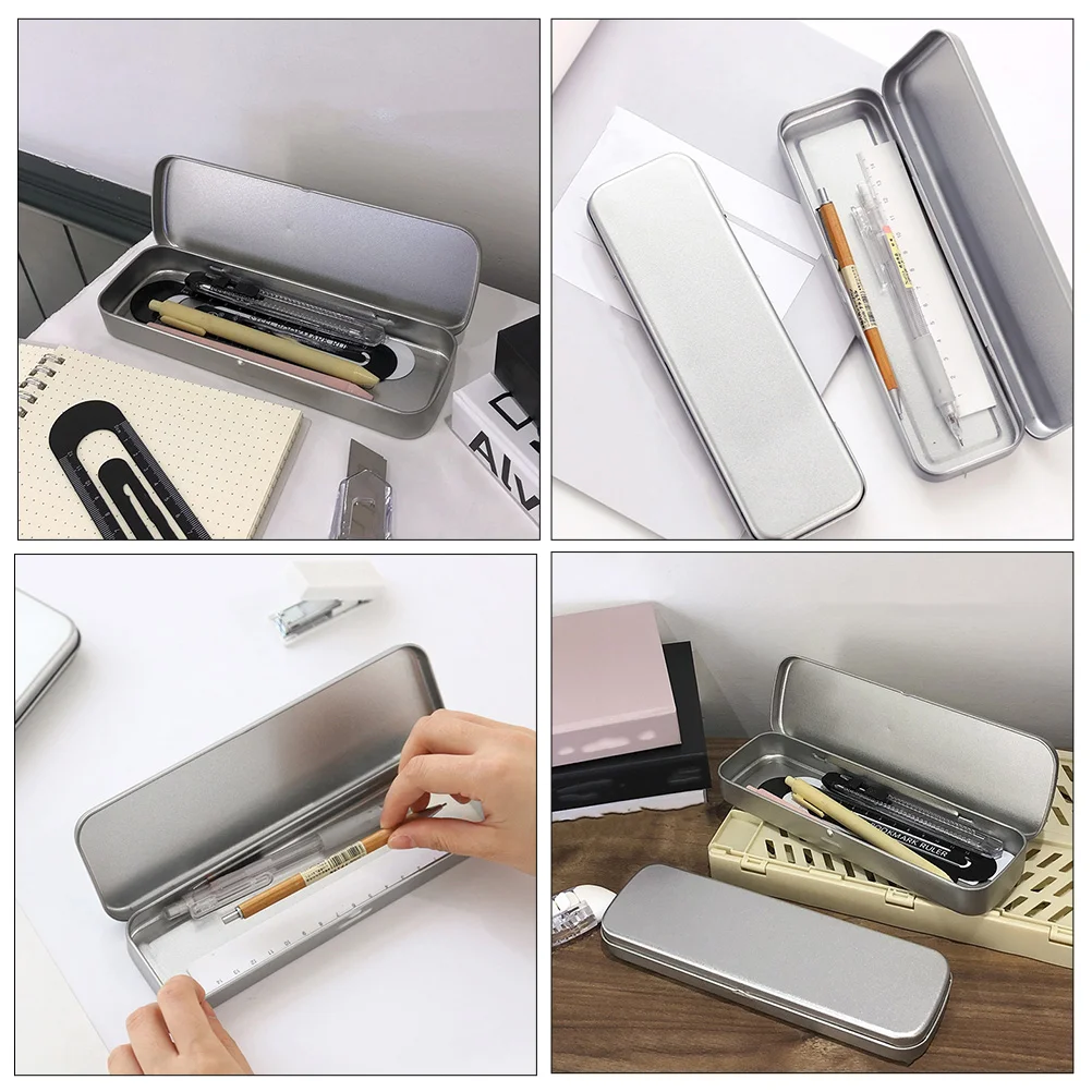 2 Pcs Rectangle Tinplate Stationery Box Student Pencil Cases Combination Through Household Organizer