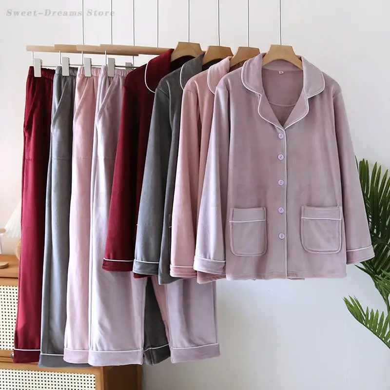 

Бархатный пижамный костюм Lady Island, осенне-зимний женский теплый фланелевой пижамный костюм из 2 предметов, брючный костюм с длинными рукавами, домашняя одежда с карманом