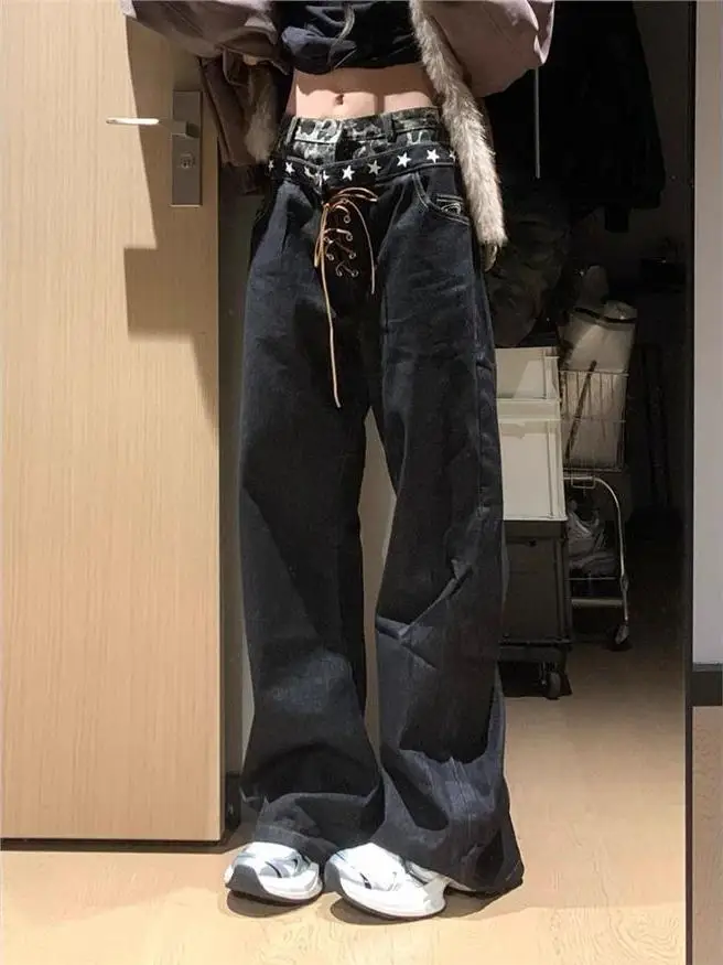 

American Retro Leopard Print Patchwork Casual Wide Leg Jeans High Street Design Loose Fit Men Women High Waist Denim Pants