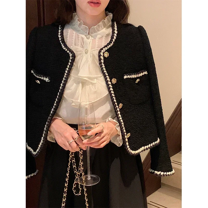 

Casual Short Jackets Outerwear Tops Vintage Women Black Tweed Cropped Coat Korean Elegant Thicken Single Breasted Blazer