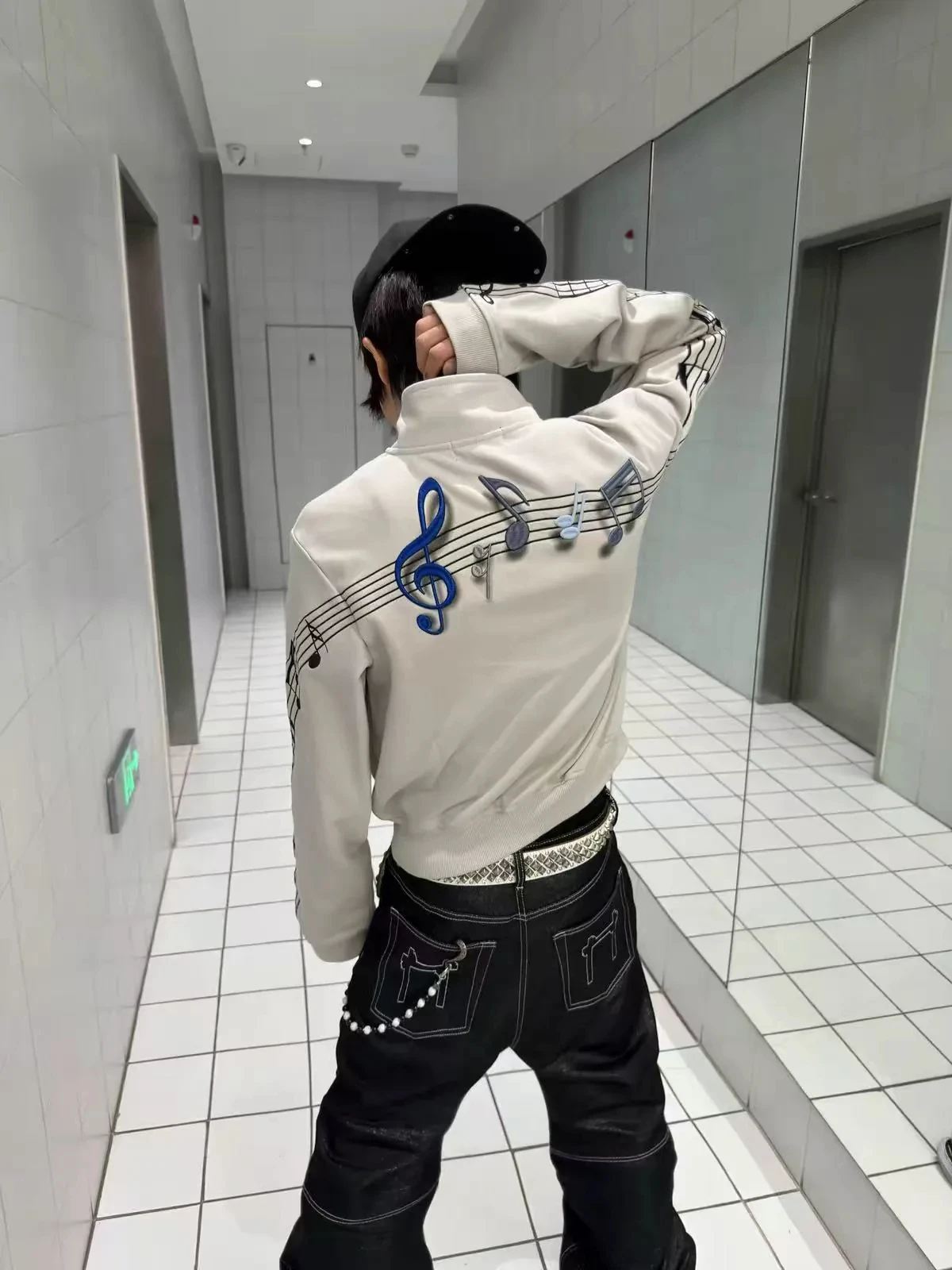Music Note Embroidery Stand Collar Jacket Men Women Vintage Sheet Music Print Jacket Streetwear Hip Hop Casual Loose Outerwear