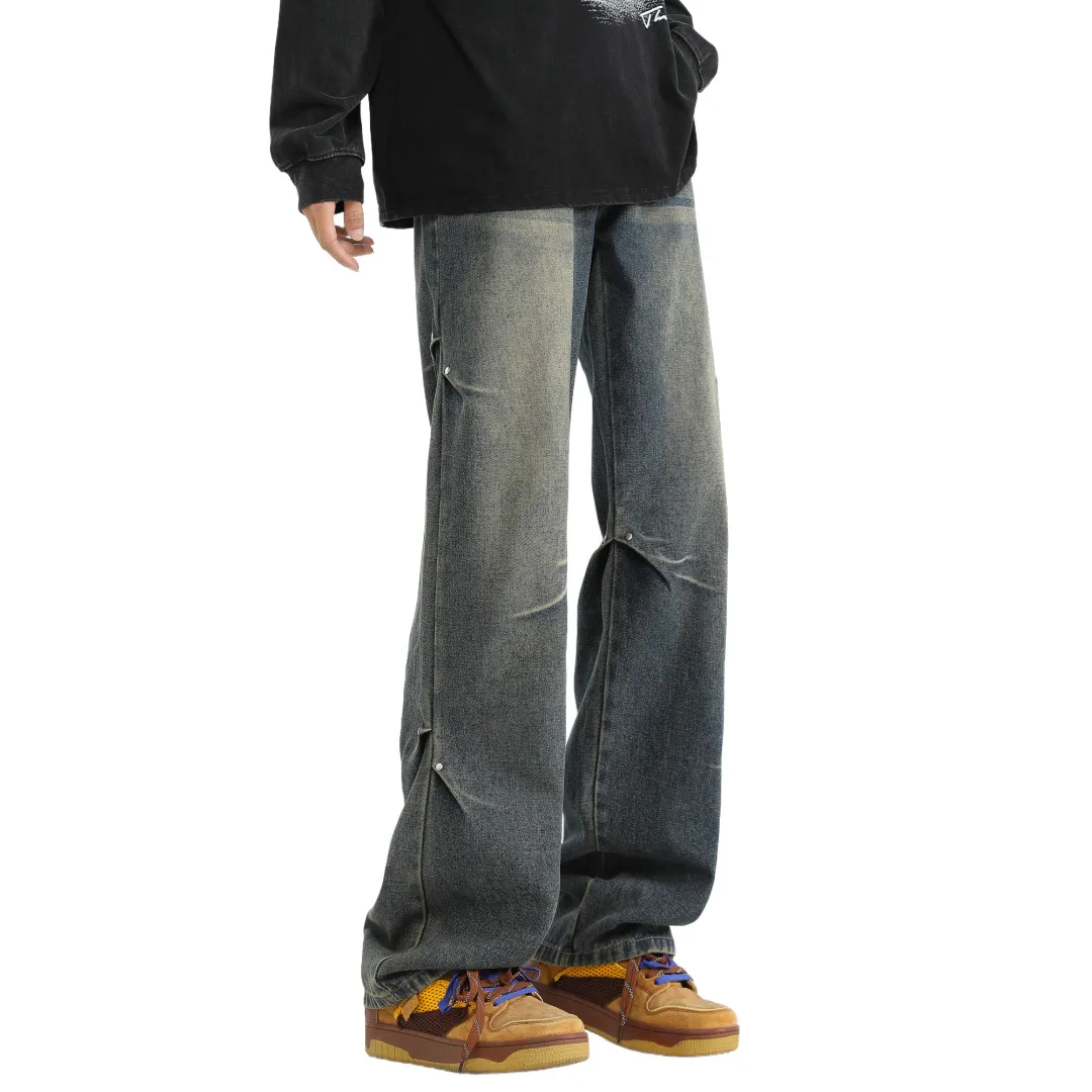 Men's Casual Jeans Spring Summer Autumn New Deconstructed Black Jeans Rivet Design Straight Leg Loose Wide Leg Pants