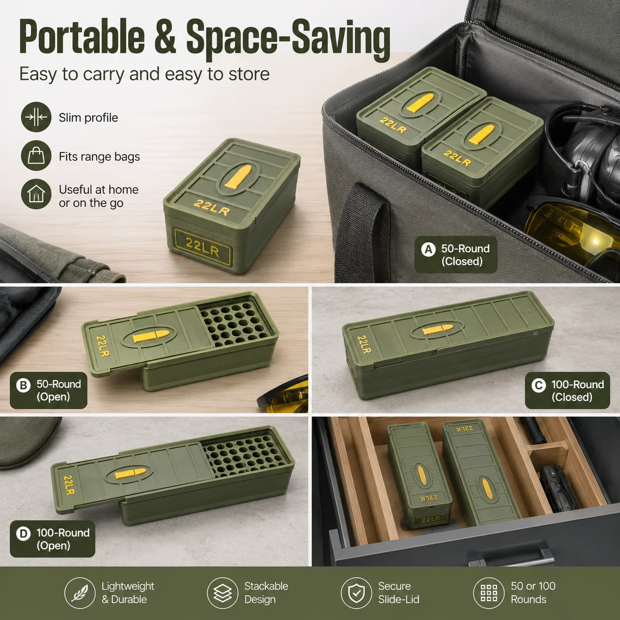 Munitionsbox für.22 LR, fasst 50/100 Patronen; aus strapazierfähigem Kunststoff, tragbar und auslaufsicher. – Detail 4