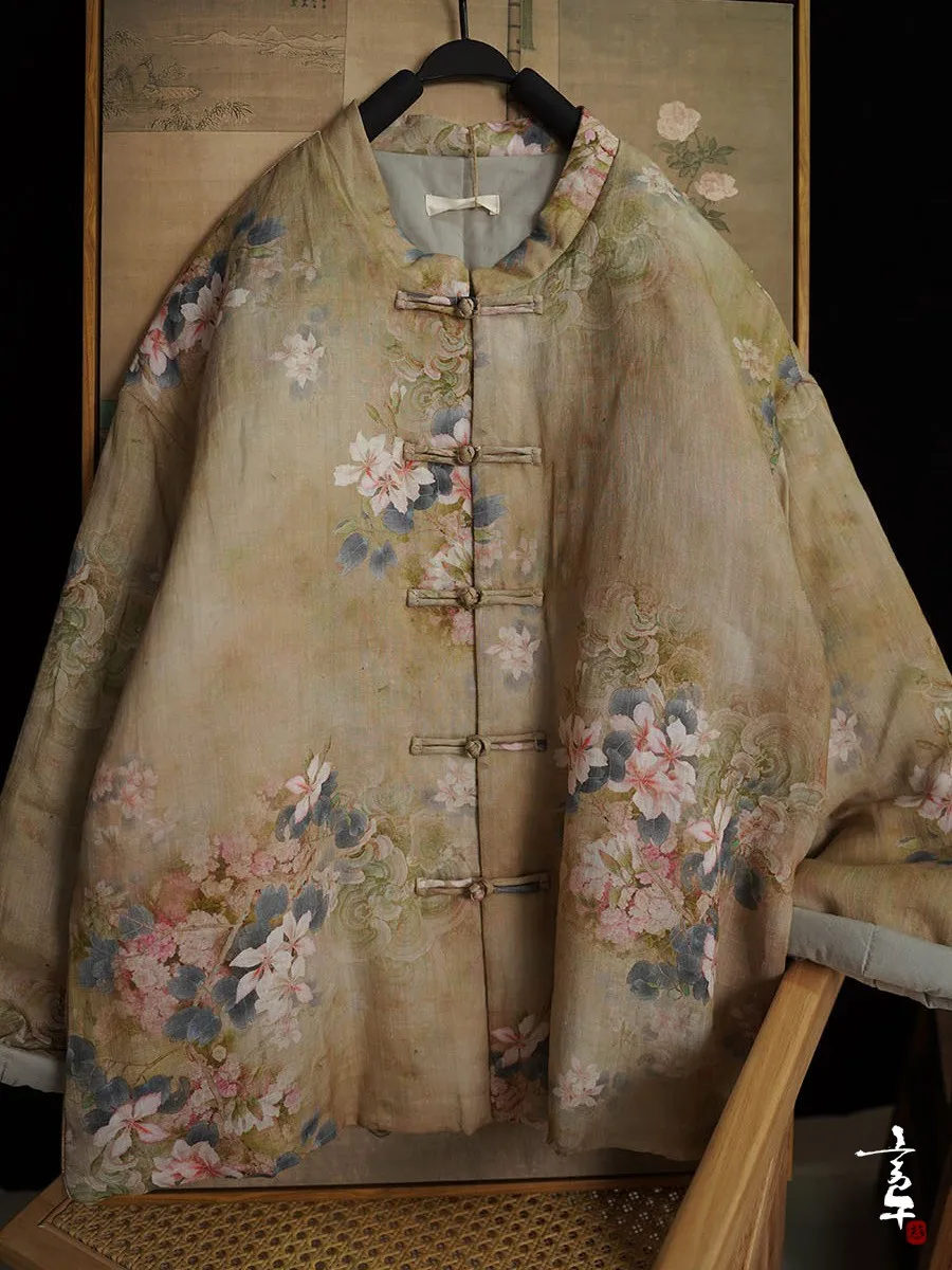 

New Chinese Style Printed Cotton Linen Jacket Women's Lightweight Warmth Improved Tang Costume Cotton Coat Button Detail