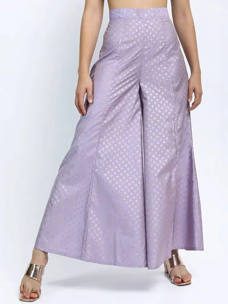 

Indian Women's Fashion New Unique Style Cotton Blend Comfortable Gold Stamping Print Purple Spring Summer Wide Leg Pants