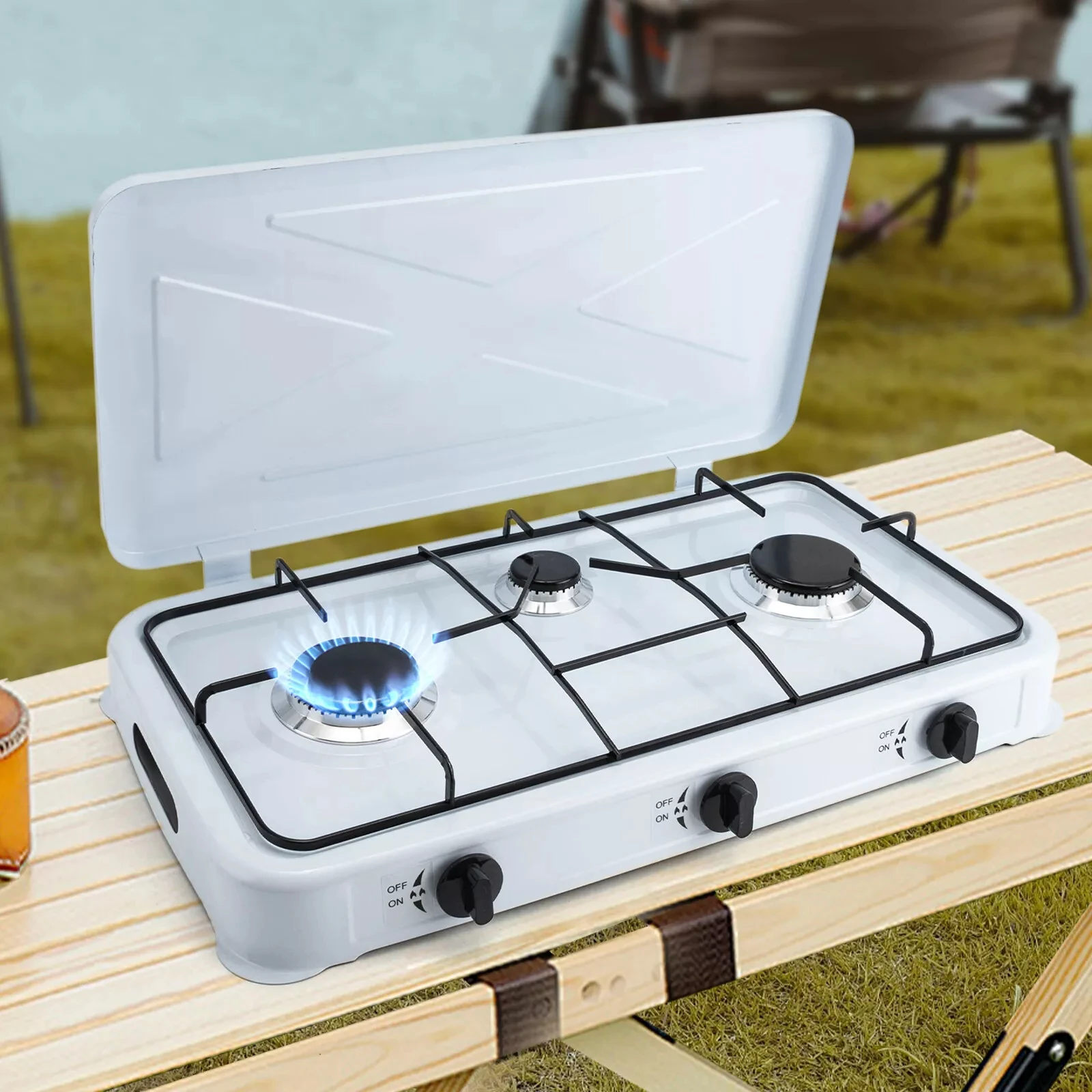 

3-Burner Gas Cooktop - White Rectangular Gas Stove with Cast Aluminum & Hose