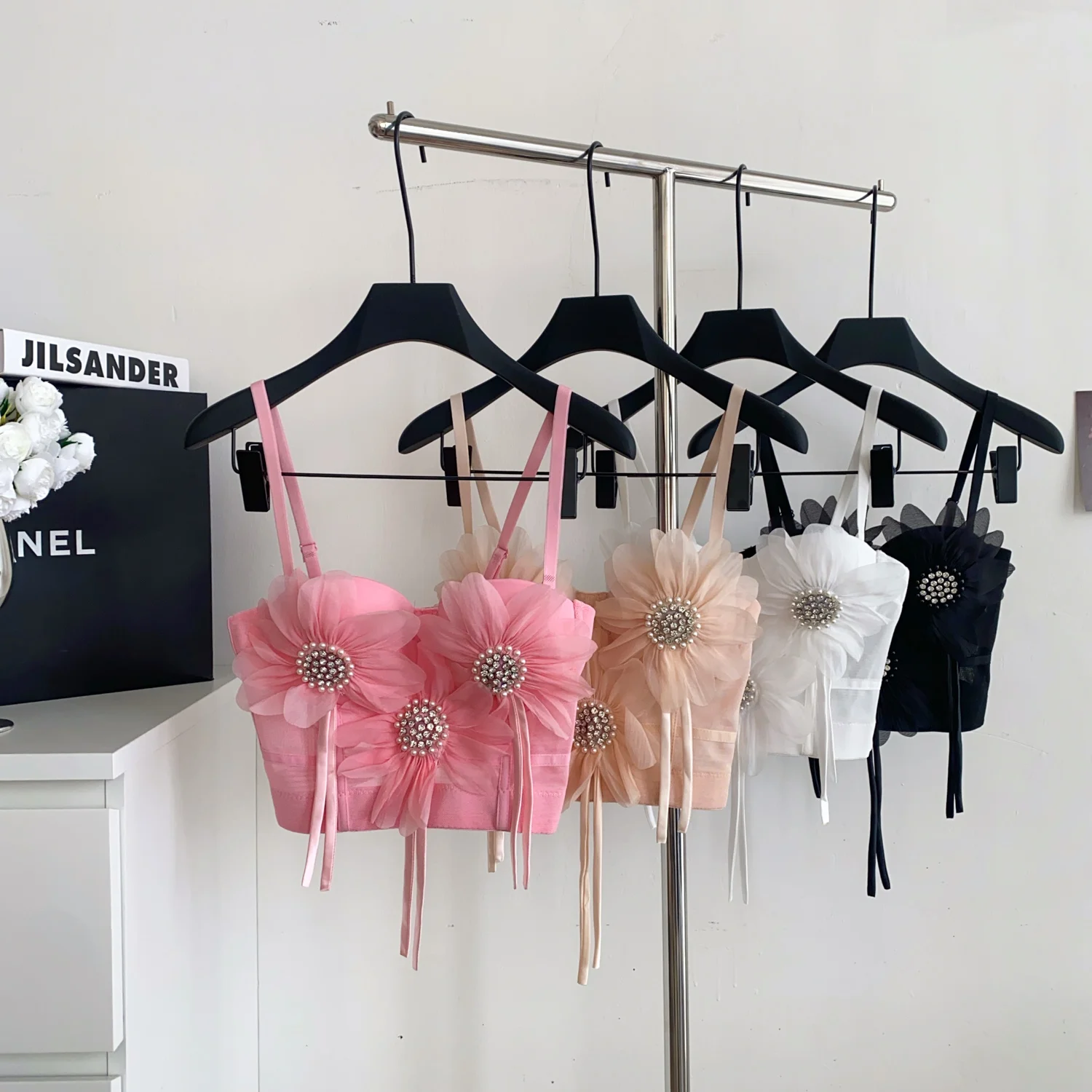

Women Vest 3D Floral Corset Top Rhinestone Boned Bustier Strapless Wedding Festival Tanks Top