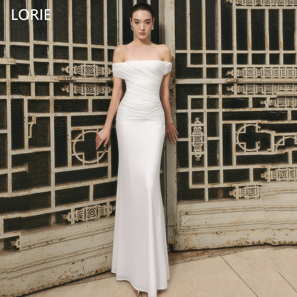 LORIE Elegant White Satin Party Dresses Off The Shoulder Sleeveless Evening Prom Dress Pleats Mermaid Prom Gown Customized