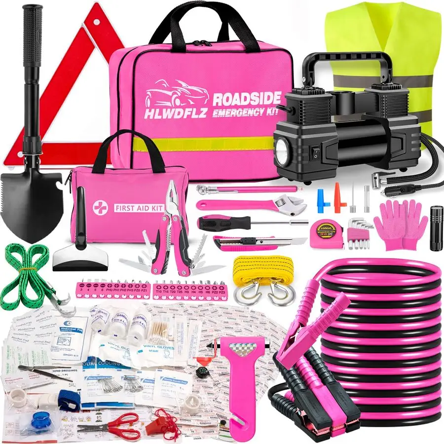 

Emergency Kit with Portable Air Compressor Roadside Assistance Emergency Kit with Jumper Cables, First Aid Kit, Auto Tool Set, W