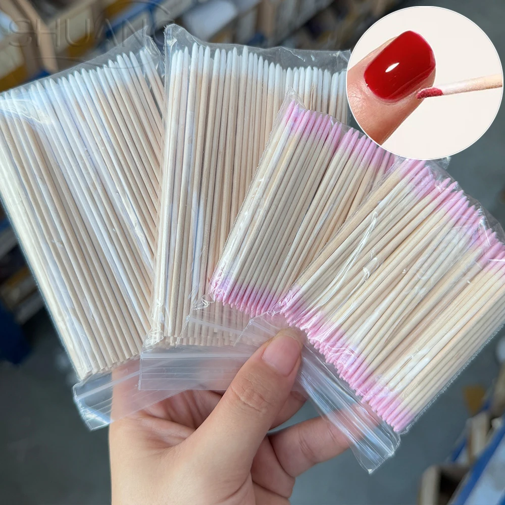 100-500Pcs Pink White Wood Cotton Swab Nail Cleaning Sticks 7/10CM Nail Cuticle Pusher Remover Detail Makeup Nail Polish Remover