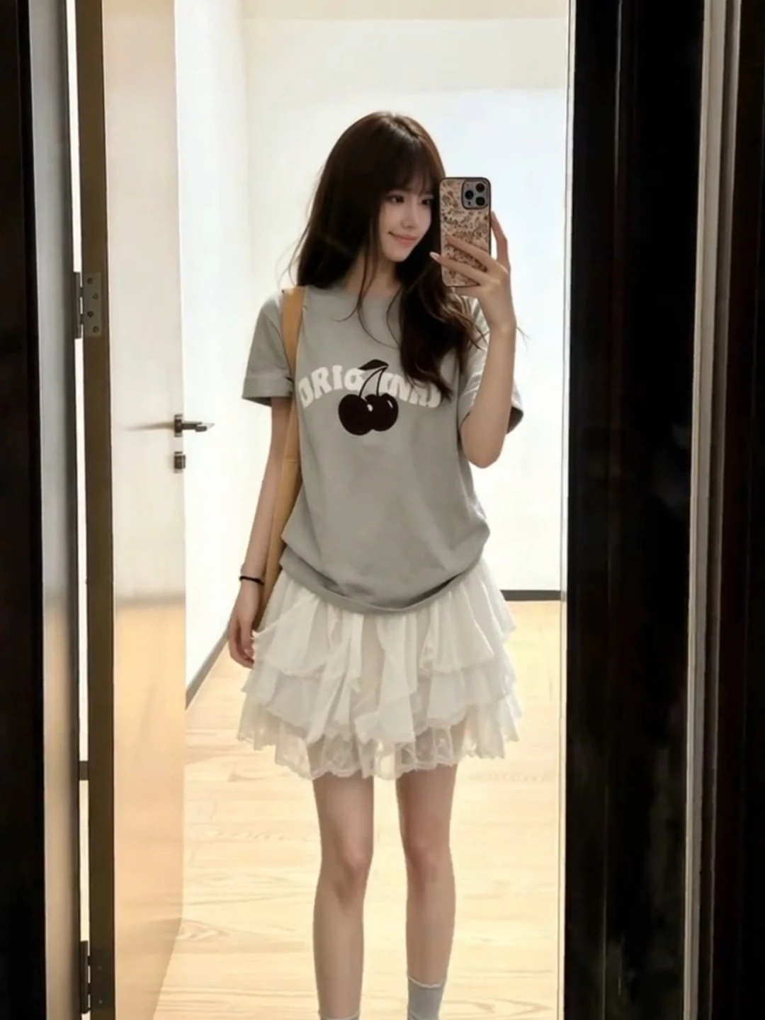 

Retro American Cherry Print Short Sleeve T-Shirt Loose Lazy Summer New Style Top Half Skirt Asymmetrical Women's Fashion Set