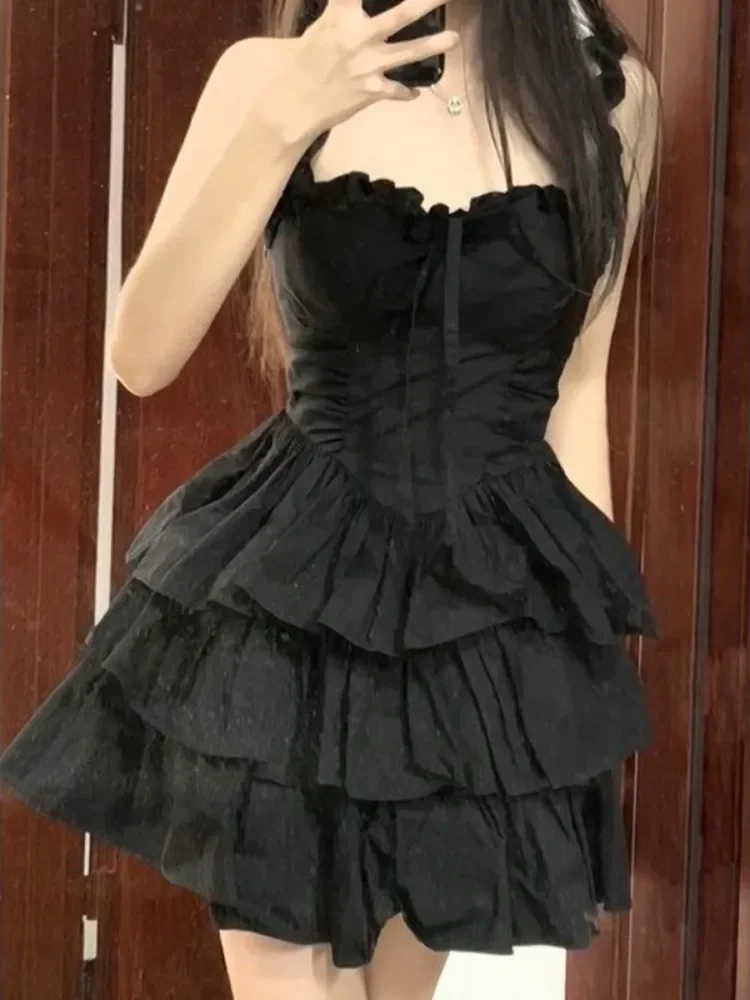 Black Cute Ruffles Dress Gothic Hrajuku Goth Lolita Kawaii Dress Soft Girl Y2k Fashion Spaghetti Straps Cake Party Short Dresses