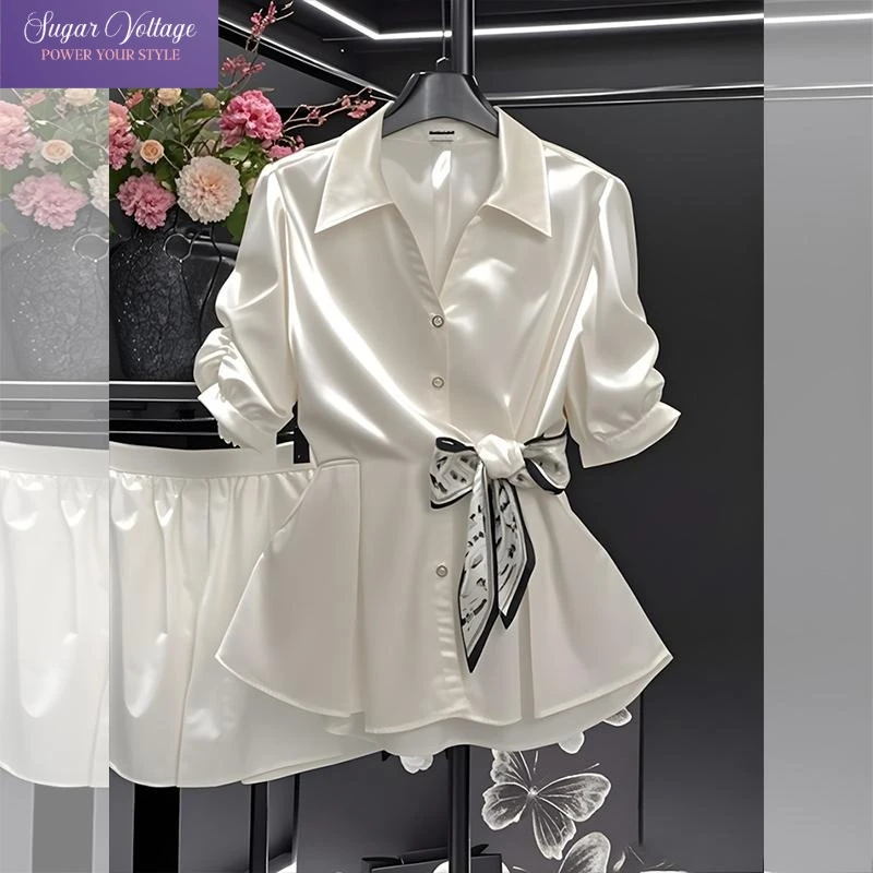 

Summer French Elegant White Stain Shirt Women's Pretty All-Match Bow Half Puff Sleeve Tops Female Office Korean Chic Blouse New