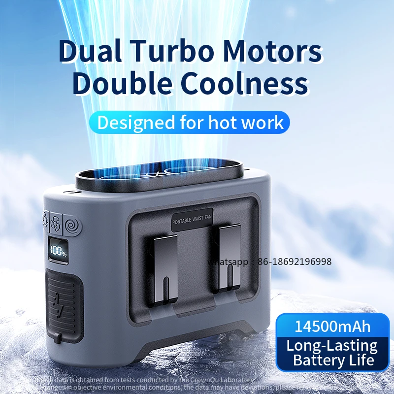 

Портативный вентилятор Socoolfan 14500 мАч для улицы, на пояс/шейку, с двумя мощными вентиляторами для путешествий, спорта, курьерской доставки, работы на открытом воздухе