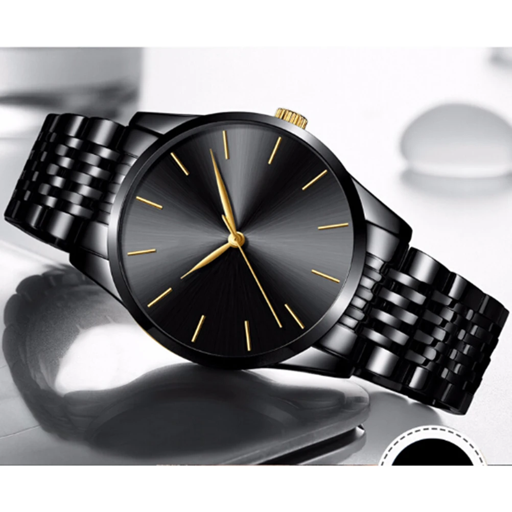 

Мужские кварцевые деловые часы, черные водонепроницаемые часы из нержавеющей стали с календарем, модные наручные часы, мужские наручные часы
