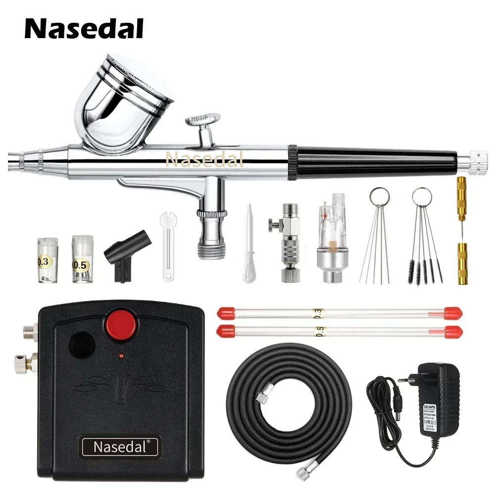 Nasedal NT-19 Dual-Action Airbrush Compressor Kit 0.3mm Airbrush Spray Gun for Nail Airbrush Model Cake Car Fish Shoes Painting