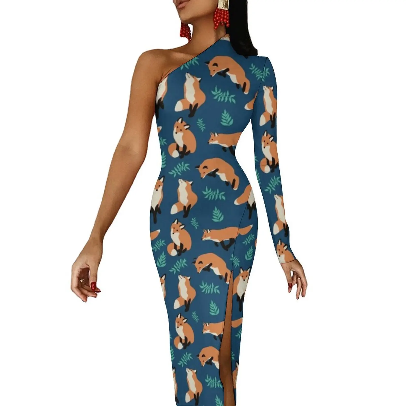 

Cute Fox Animal Maxi Dress Long Sleeve Green Leaves Print Sexy Bodycon Dress Autumn Streetwear Long Dresses Women Custom Vestido