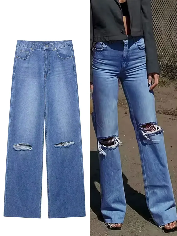 

Повседневные женские джинсы с дырками и украшением на молнии, джинсовые прямые брюки, женские осенние брюки 202, широкие женские длинные брюки