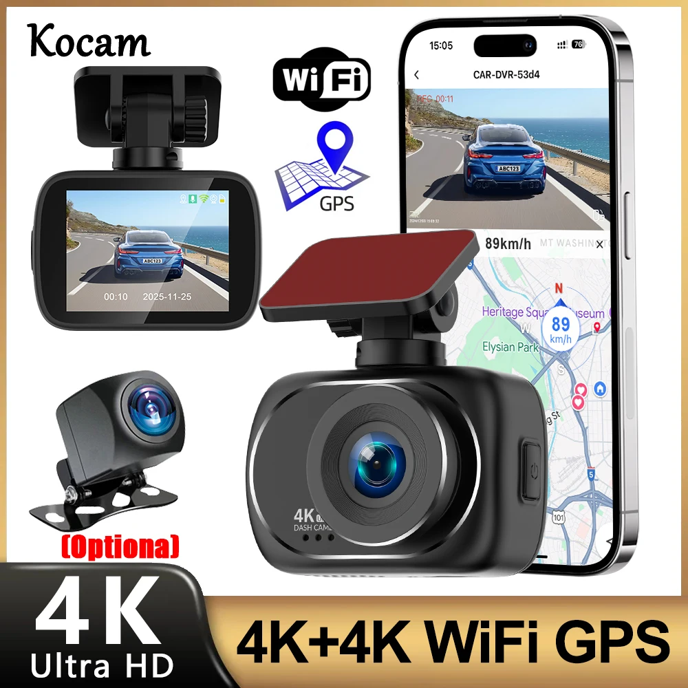 Dash Cam Dual Lens 4K UHD Recording Car Camera DVR Night Vision Video Recorder Support GPS Wi-Fi Black Box 4K Rear View Camera