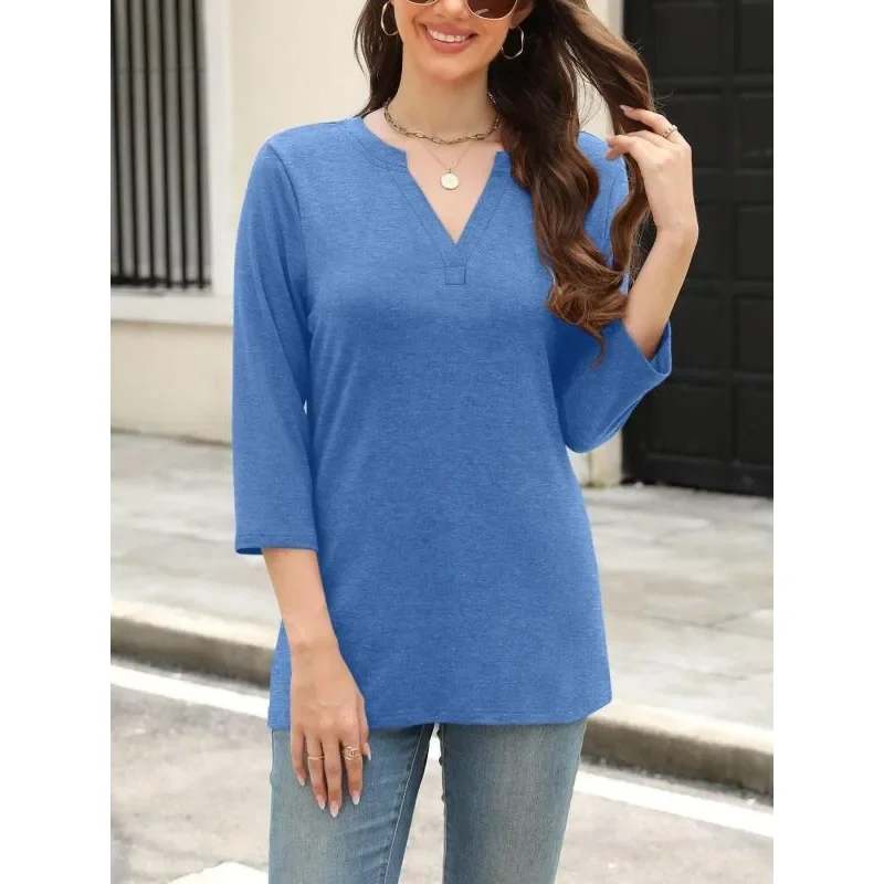 เสื้อผู้หญิงไซส์ใหญ่ 1XL-5XL แบบใหม่ สไตล์ลำลอง ทรงหลวม คอวี แขน 3/4 เสื้อยืดสีพื้น เสื้อผู้หญิงลำลอง