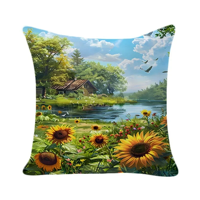 

Sunflower Landscape Cushion Cover Peach Skin 2D Print Lakeside Cabin Scenery Throw Pillow Case for Sofa Farmhouse Home Decor