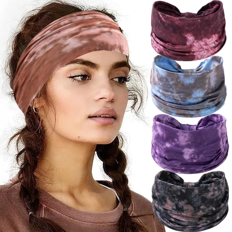 Wide Boho Headbands Women Knotted Headband Non Slip Elastic Hair Bands Tie Dye Turban Head Wraps Workout Yoga Sports Sweatbands