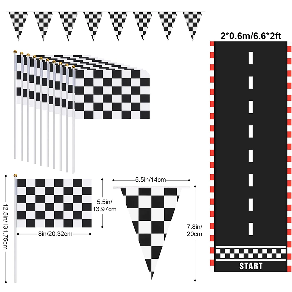 Racing Car Party Decoration Black White Checkered Formula 1 Banner Flag Foil Balloon for Boys Car Birthday Party Favor Kids Gift