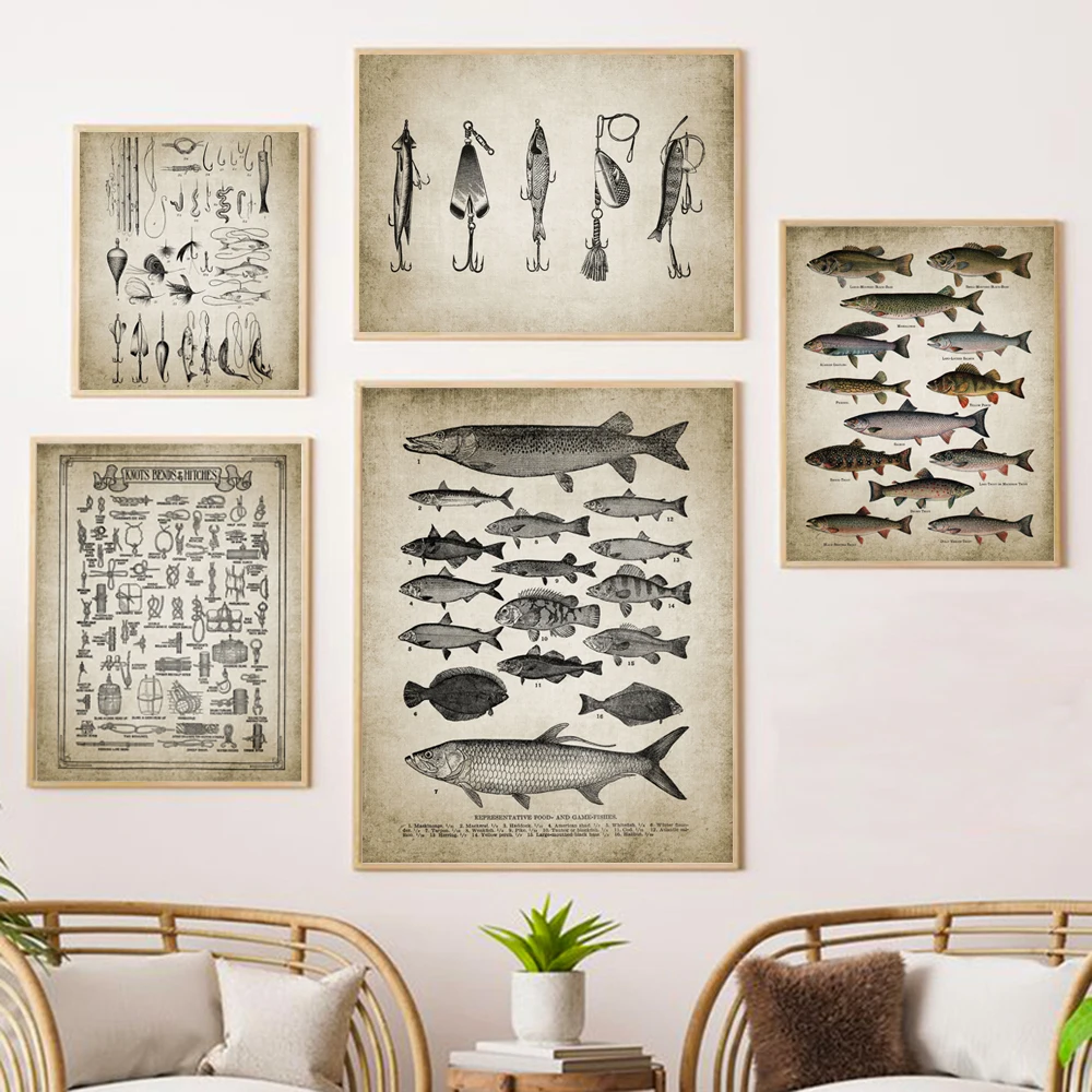 (2D Canvas Painting)  Fishing Angling Wall Art Canvas Poster Print Breeds of Fish Painting Freshwater Fish Wall Picture Fishe