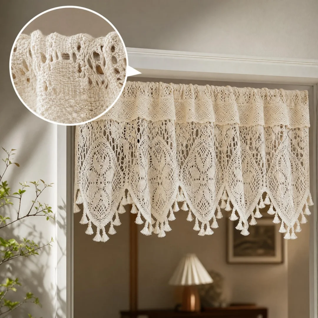 American country curtain half curtain head crocheted cotton tassel non-perforated door curtain stick transparent coffee curtain