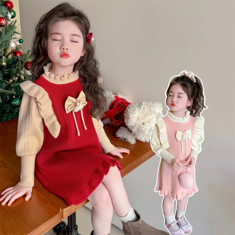 

Autumn Girls Baby Ruffle Knitted Princess Sweater Dress Casual Clothes Christmas Bow Red Dress Girls Knitting Long Sleeve Dress