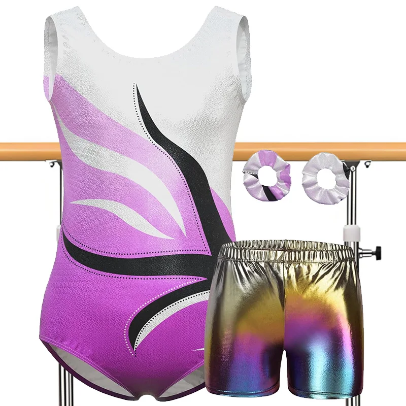 4-teilige Gymnastik-Trikots für Mädchen, Biketard Athletic Unitard Tumbling Activewear-Outfits mit passenden Shorts, Haarband-Sets