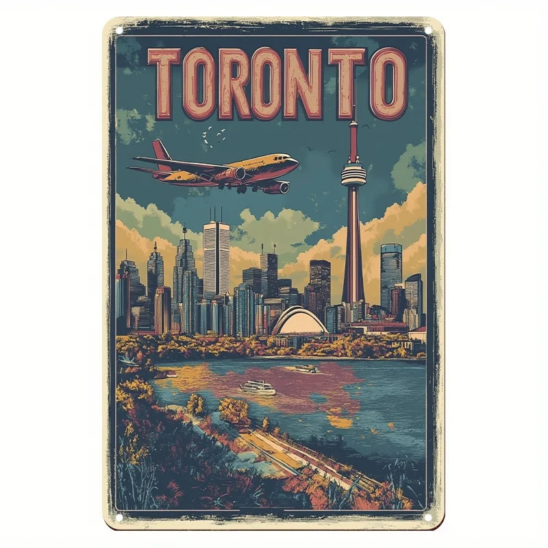 2D Flat 1pc 8x12 Inch Metal Sign Featuring Vintage Toronto City Skyline Travel Art for Home Wall Decor