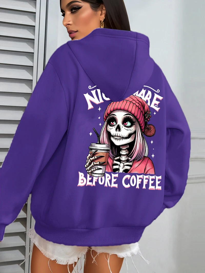 Nightmare Before Coffee Skull Design Women Hoodies Hip Hop Pocket Hoody All-Match Casual Sportswears Fleece Y2K Woman Clothes