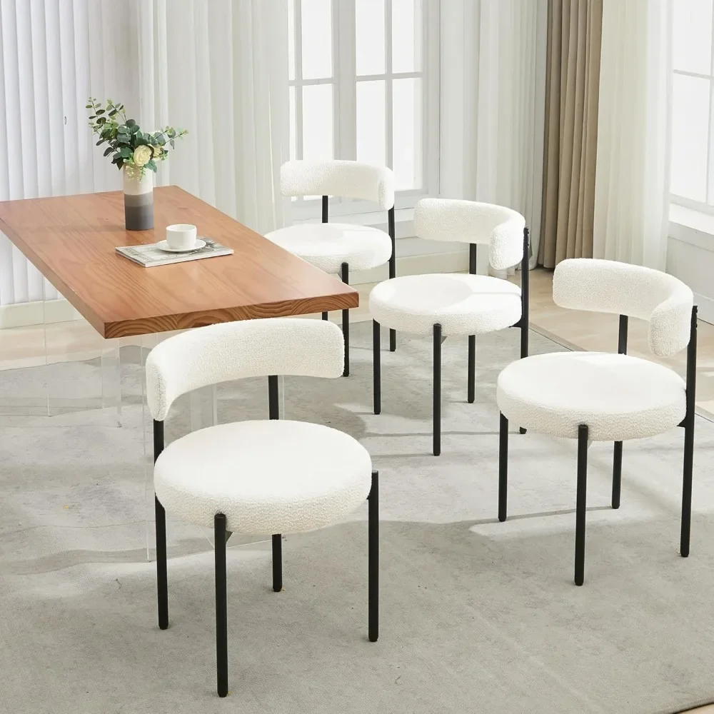 

Dining Chairs Set of 4, Mid Century Modern Dining Room Chairs with Barrel Backrest, Upholstered White Kitchen Chairs for