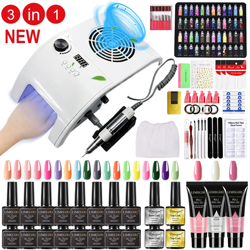 3 In 1 Nail Art Machine Set Nail Set with Gel Nail Polish Kit Poly Nail Set Nail Lamp Nail Drill Manicure Vacuum Cleaner Sets