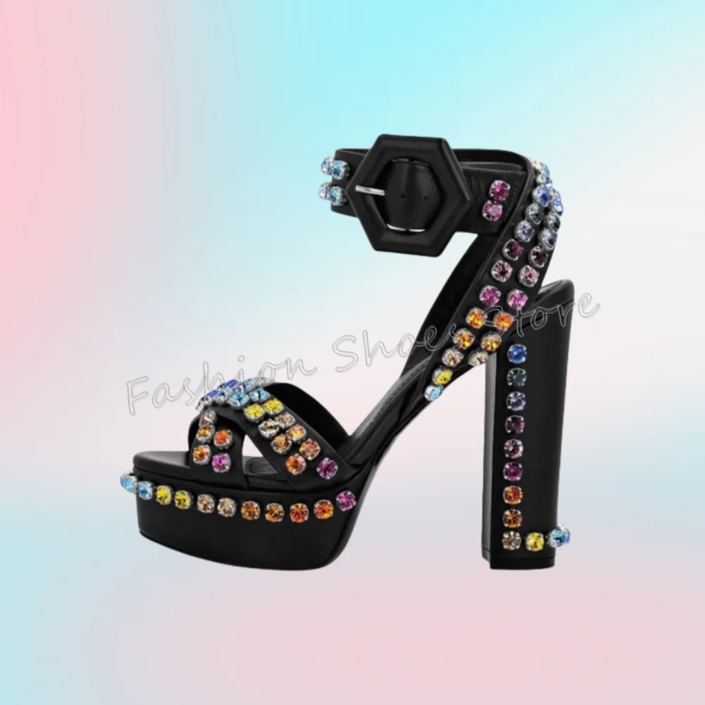 

Black Platform Color Diamond Sandals Matte Leather Chunky High Heels Heel Shoes for Women Heels 2025 New Zapatos Para Mujere