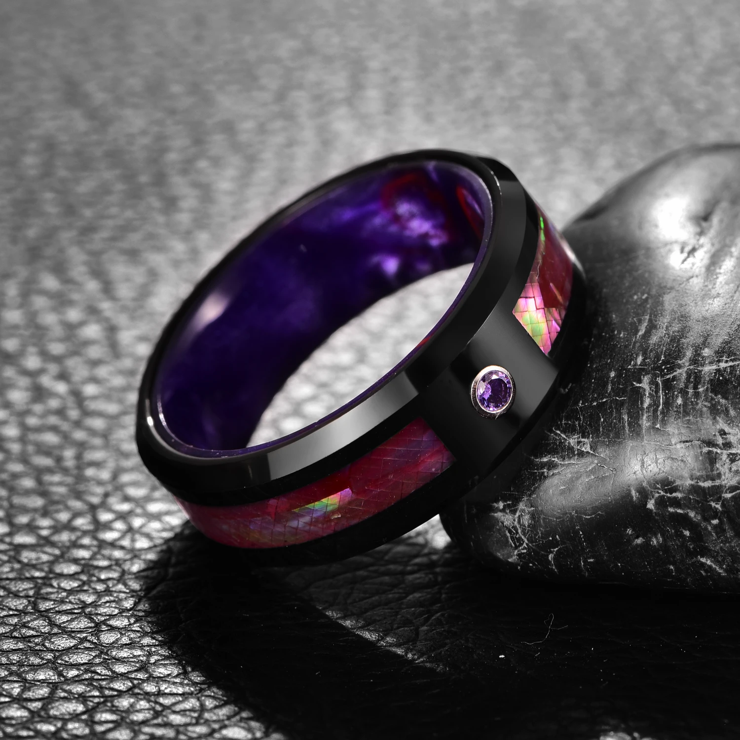 BONLAVIE 8mm Purple Shell Paper Inner Ring Purple Resin with Electric Black Tungsten Steel Rings for Men Size 7-12