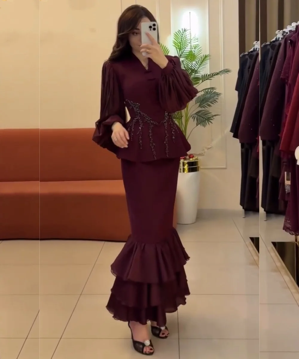 

Customized Exquisite Jersey Pleat Sequined Mermaid V-neck Long Quinceanera Bespoke Occasion Prom Dresses Classic