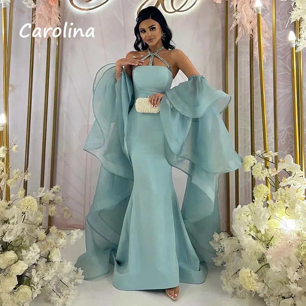 Carolina Lake Blue Halter Beading Mermaid Formal Evening Dress Saudi Arabia 2024 Slim Crepe Long Sleeve Floor-Length Prom Dress