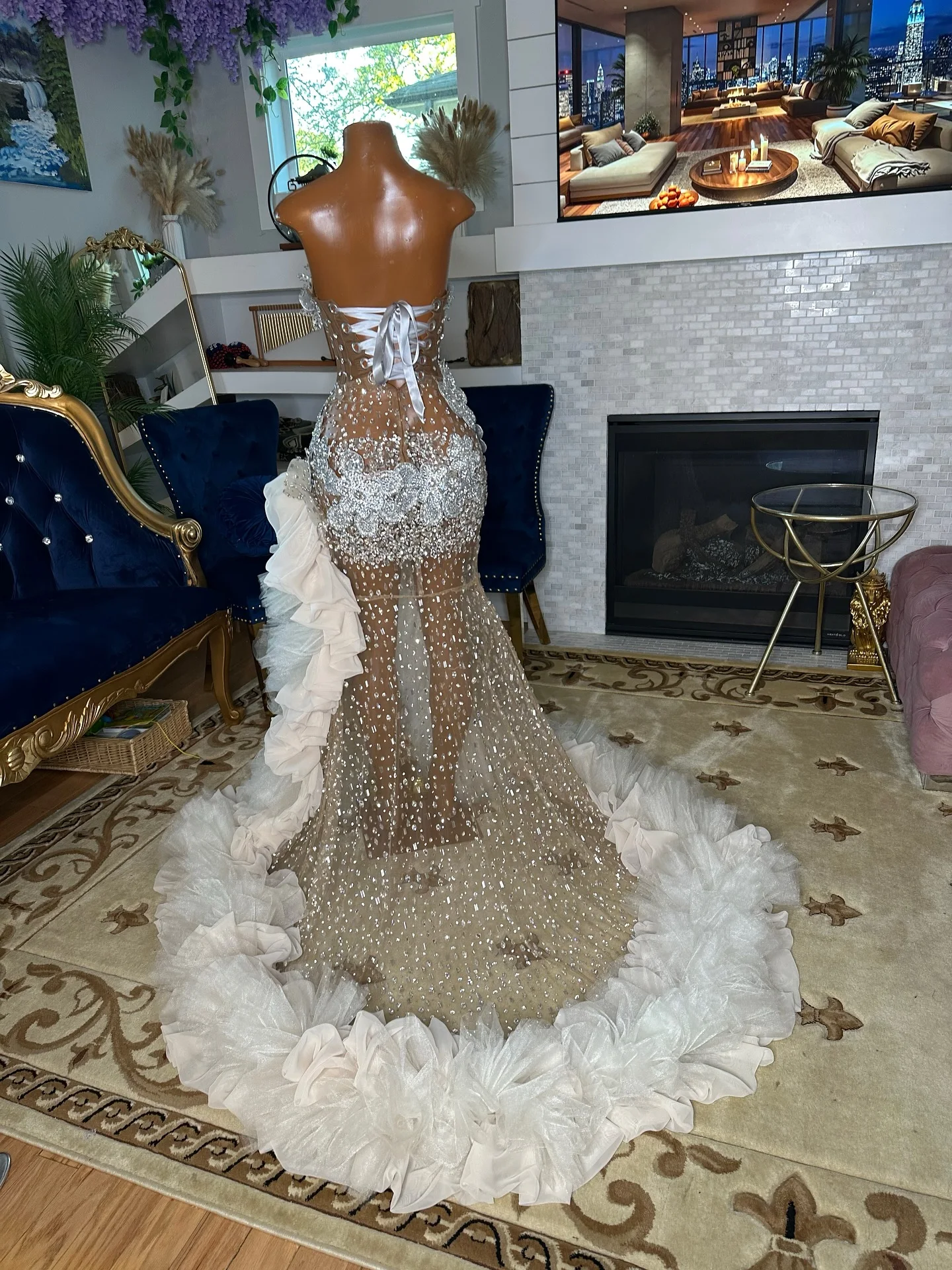 Robe de soirée de luxe en tulle floral perlé de cristal avec longue traîne voir à travers la maille robe de soirée formelle fente haute volants robes de bal