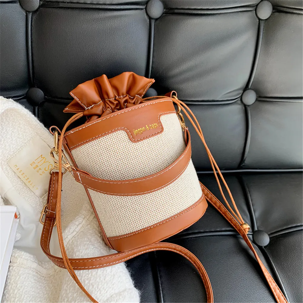 Women Fashion Shoulder Bags Cylinder Pu Leather Bucket Crossbody Bag Casual Drawstring Handbags Purse For Travel Shopping