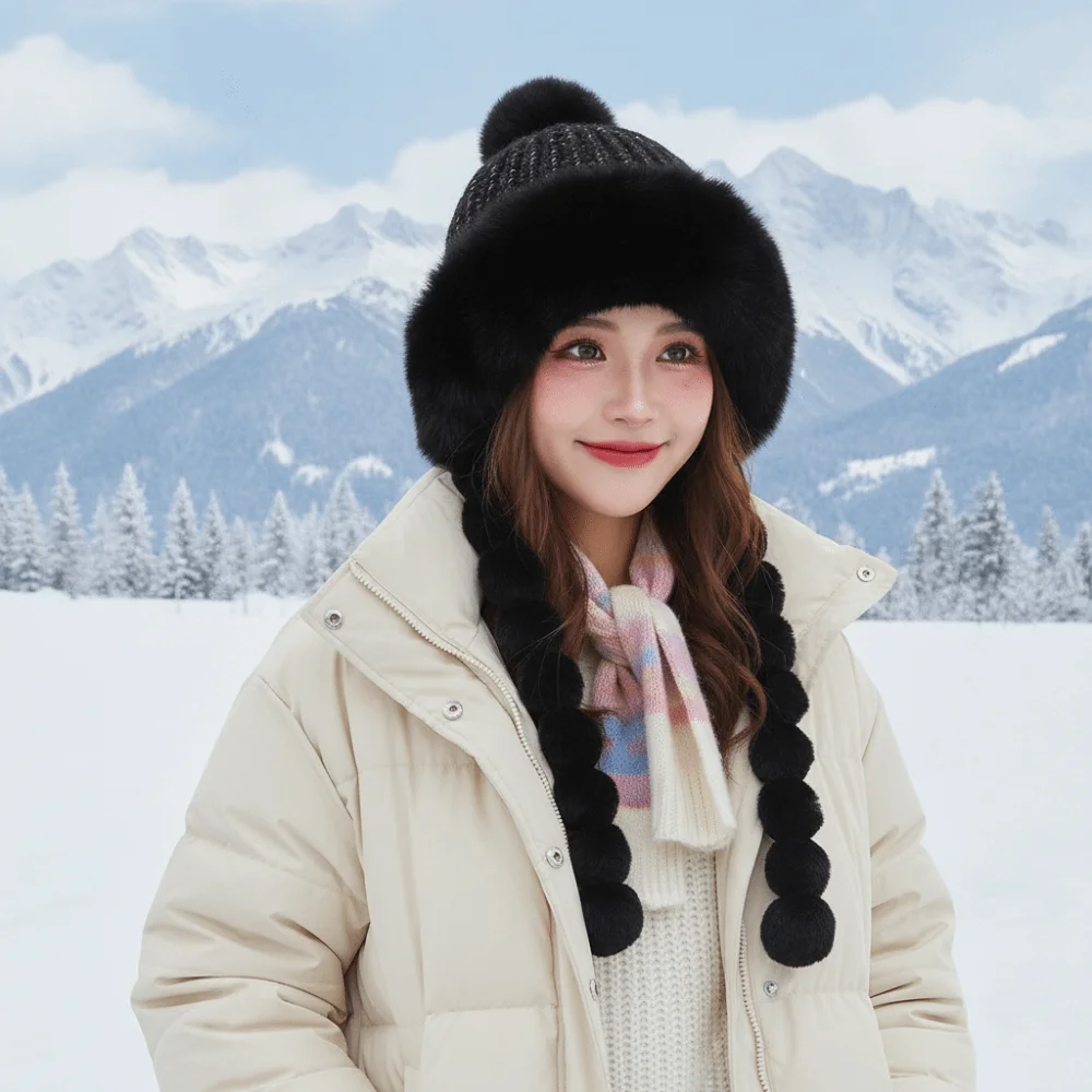 Fleece Lined Pompom Braids Hat Fur Brim Soft Yarn Fleece Knit Beanie Thermal Striped Knit Fur Trim Trapper Skating